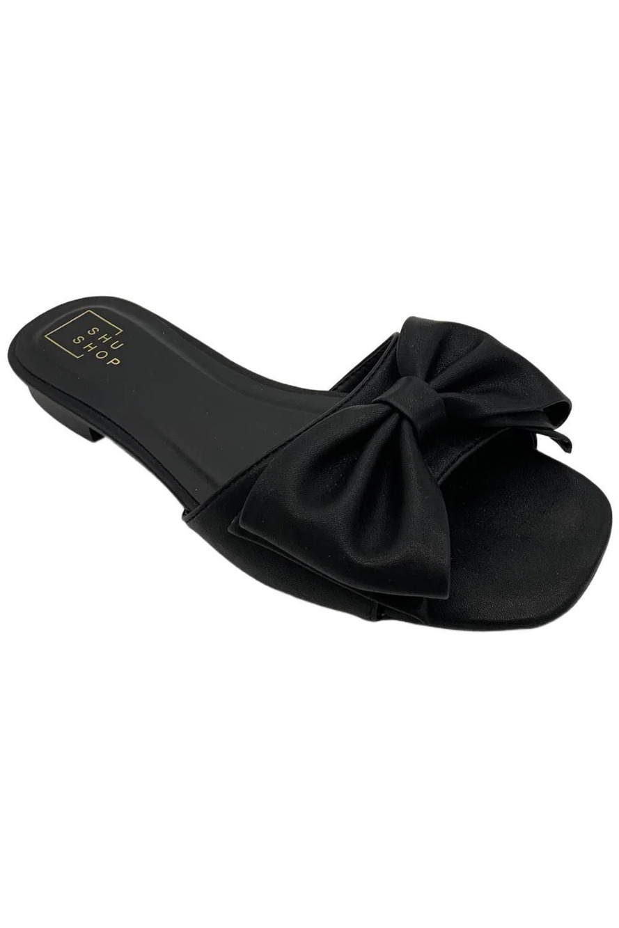 SHUSHOP Women's Bree Oversized Bow Comfortable Sandals Black - Medium